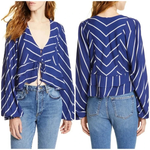 Free People Tops - Free People Samifran Ruffle Peplum Cropped Top Blue White Stripes Size S